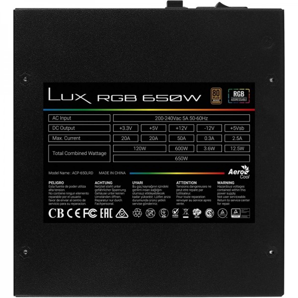 Aerocool fuente lux rgb 650 atx mod. psu 80+230v